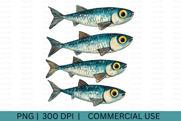Nautical Teal Fish, Summer PNG Sardine for Graphics and Crafts