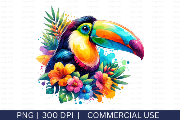 Summer Toucan, Tropical Flowers PNG Graphics for Crafts
